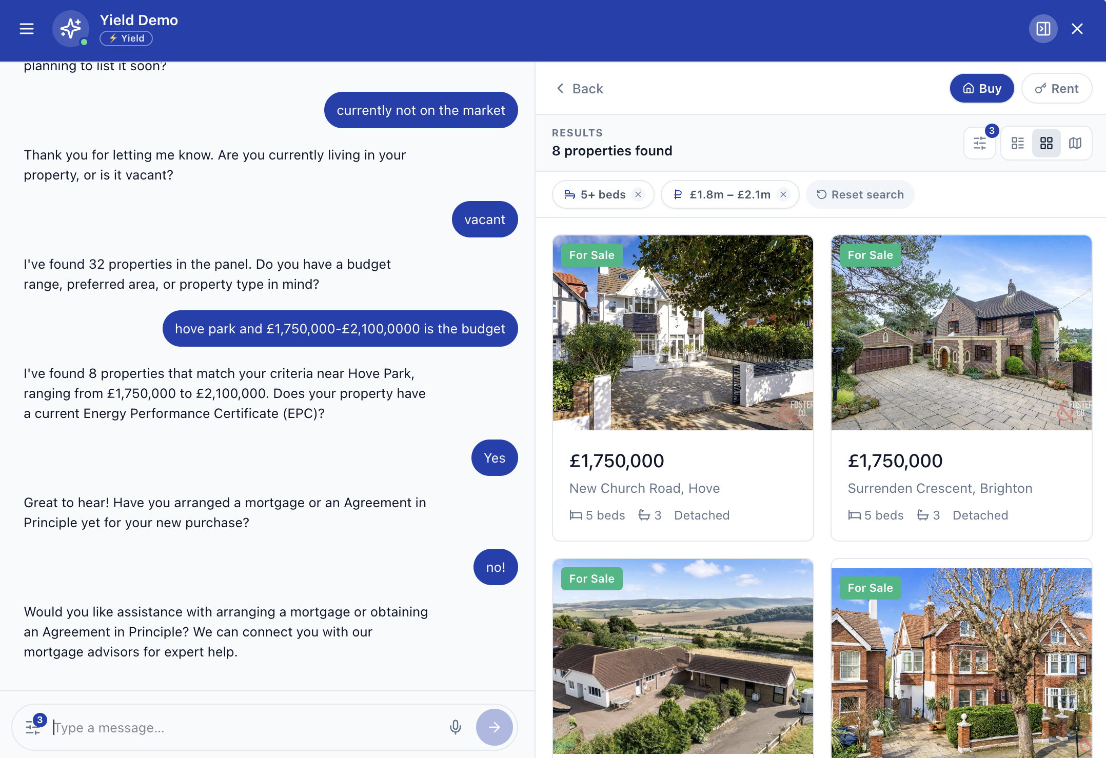 Yield assistant returning matched properties from a natural-language conversation